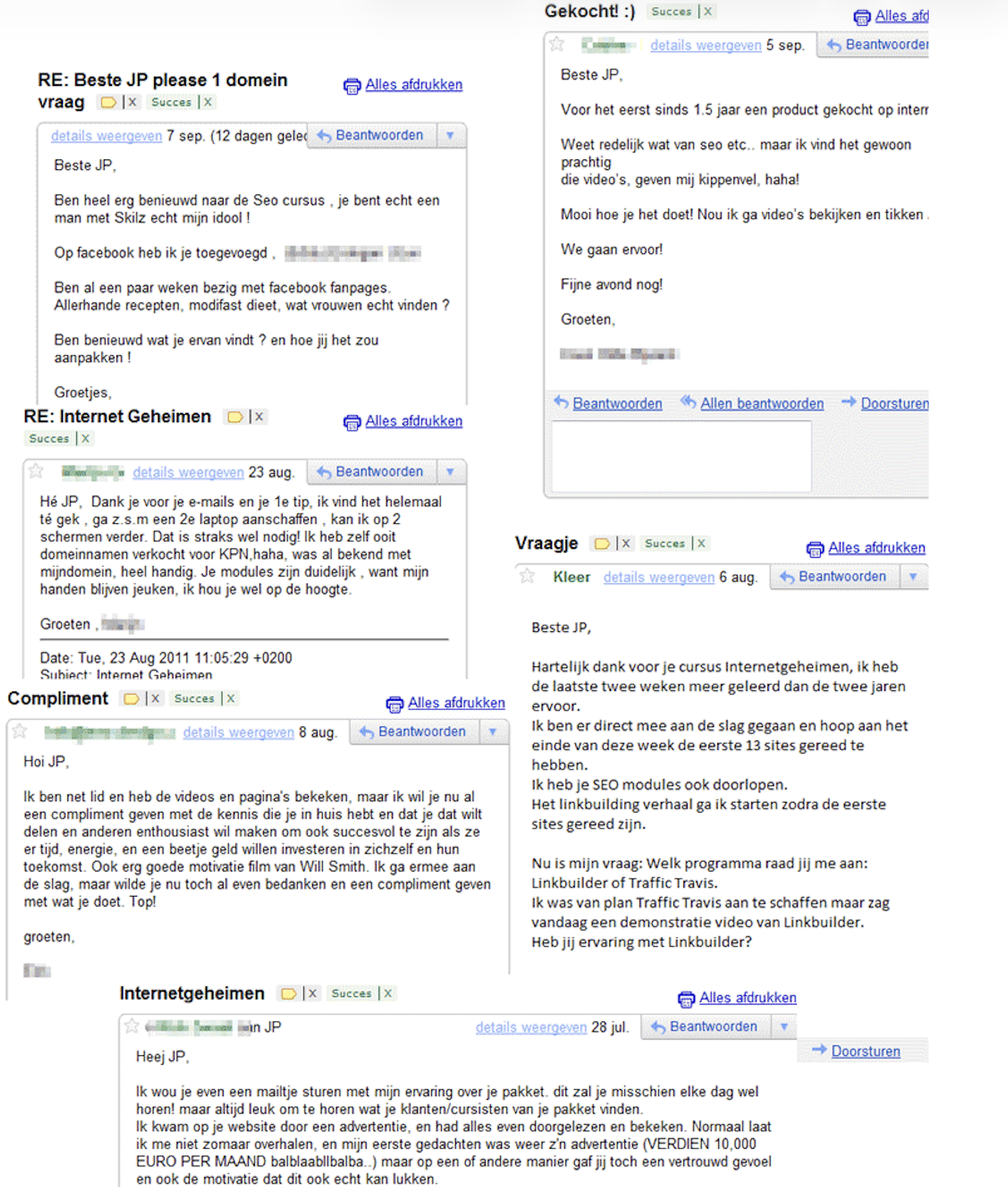 Collage van enthousiaste e-mails en testimonials van Internet Geheimen cursisten.
